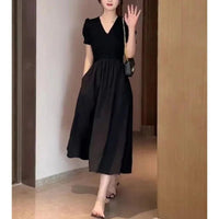 SaneShoppe - Minimalist Women's A - Line 2024 Summer New V - Neck Spliced Folds Elegant Fashion Casual Commuter Short Sleeve Slim Pockets Dress