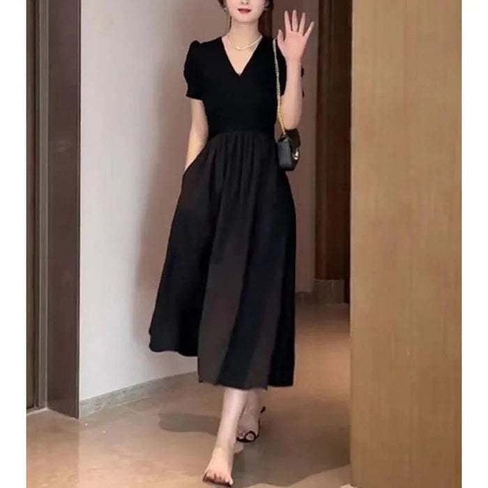 SaneShoppe - Minimalist Women's A - Line 2024 Summer New V - Neck Spliced Folds Elegant Fashion Casual Commuter Short Sleeve Slim Pockets Dress