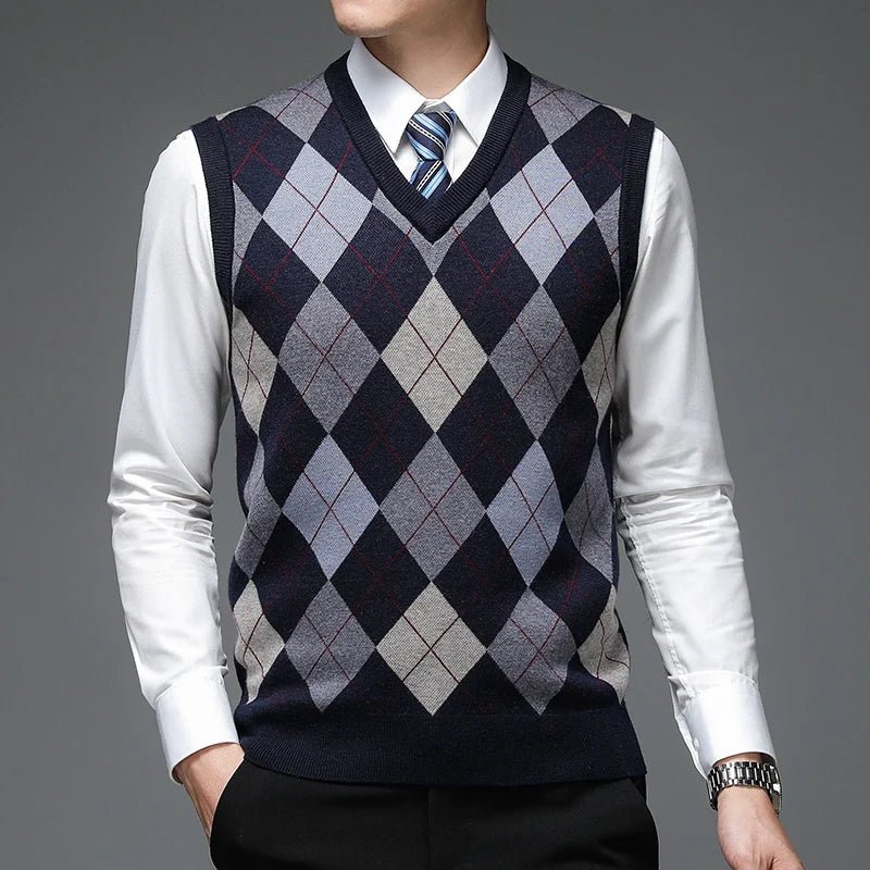 SaneShoppe - New Autum Fashion Designer Brand Argyle Pullover Diamond Sweater V Neck Knit Vest Men 6% Wool Sleeveless Casual Men Clothing