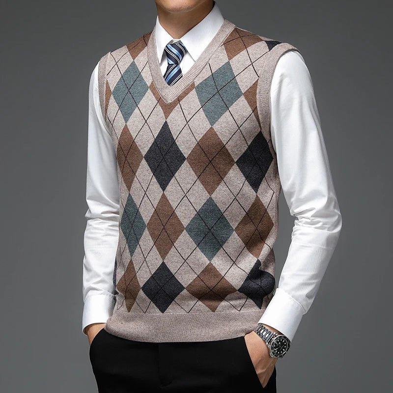 SaneShoppe - New Autum Fashion Designer Brand Argyle Pullover Diamond Sweater V Neck Knit Vest Men 6% Wool Sleeveless Casual Men Clothing