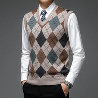 SaneShoppe - New Autum Fashion Designer Brand Argyle Pullover Diamond Sweater V Neck Knit Vest Men 6% Wool Sleeveless Casual Men Clothing