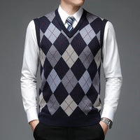 SaneShoppe - New Autum Fashion Designer Brand Argyle Pullover Diamond Sweater V Neck Knit Vest Men 6% Wool Sleeveless Casual Men Clothing