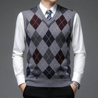 SaneShoppe - New Autum Fashion Designer Brand Argyle Pullover Diamond Sweater V Neck Knit Vest Men 6% Wool Sleeveless Casual Men Clothing
