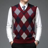 SaneShoppe - New Autum Fashion Designer Brand Argyle Pullover Diamond Sweater V Neck Knit Vest Men 6% Wool Sleeveless Casual Men Clothing
