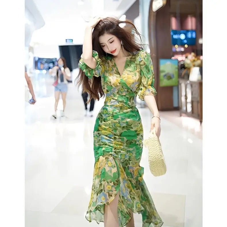 SaneShoppe - New Summer Fashion Style Waist - hugging Dress 2025 Dark Green Printed Skirt