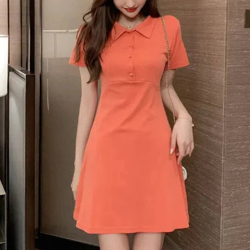 SaneShoppe - Peter Pan Collar Pullover Solid Color Short Sleeve Women's Clothing Summer Head Up Button Casual Sports Vacation Sweet Dresses
