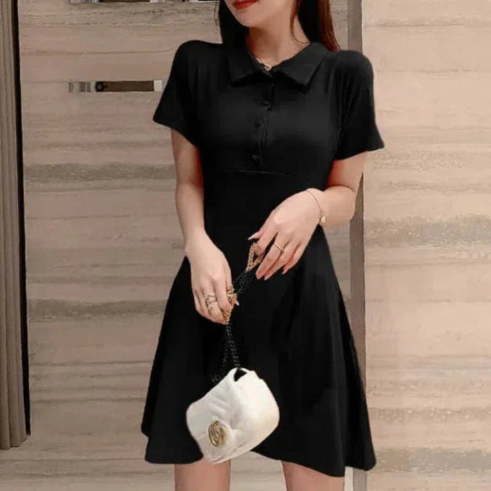 SaneShoppe - Peter Pan Collar Pullover Solid Color Short Sleeve Women's Clothing Summer Head Up Button Casual Sports Vacation Sweet Dresses