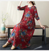 SaneShoppe-Boho Floral Print Maxi Dress for Women, Plus Size, Cotton Linen Loose Fit