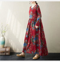 SaneShoppe-Boho Floral Print Maxi Dress for Women, Plus Size, Cotton Linen Loose Fit