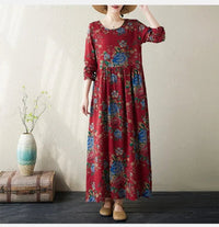 SaneShoppe-Boho Floral Print Maxi Dress for Women, Plus Size, Cotton Linen Loose Fit