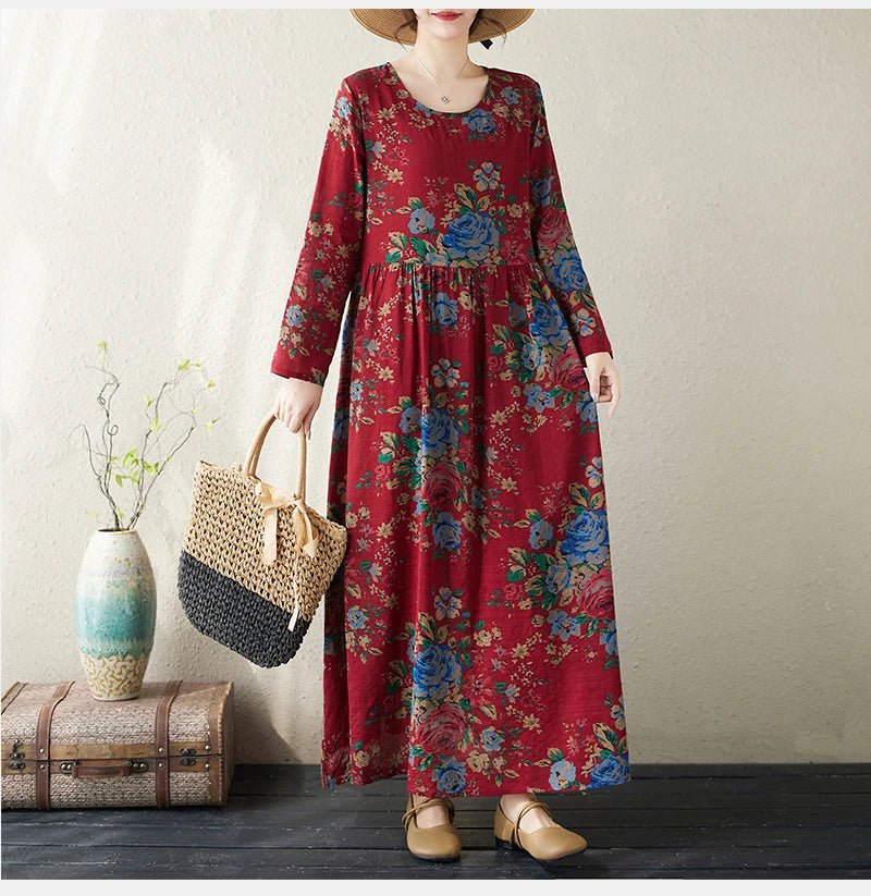 SaneShoppe-Boho Floral Print Maxi Dress for Women, Plus Size, Cotton Linen Loose Fit