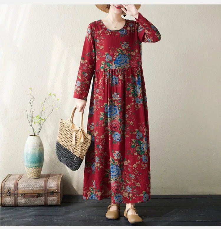SaneShoppe-Boho Floral Print Maxi Dress for Women, Plus Size, Cotton Linen Loose Fit