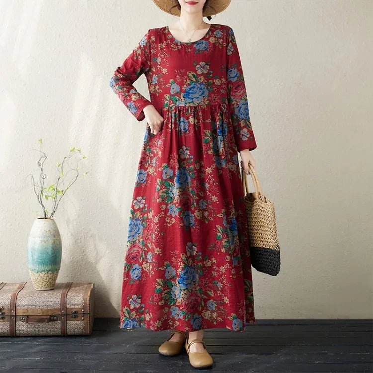 SaneShoppe-Boho Floral Print Maxi Dress for Women, Plus Size, Cotton Linen Loose Fit