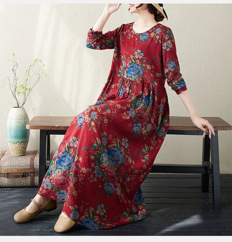 SaneShoppe-Boho Floral Print Maxi Dress for Women, Plus Size, Cotton Linen Loose Fit