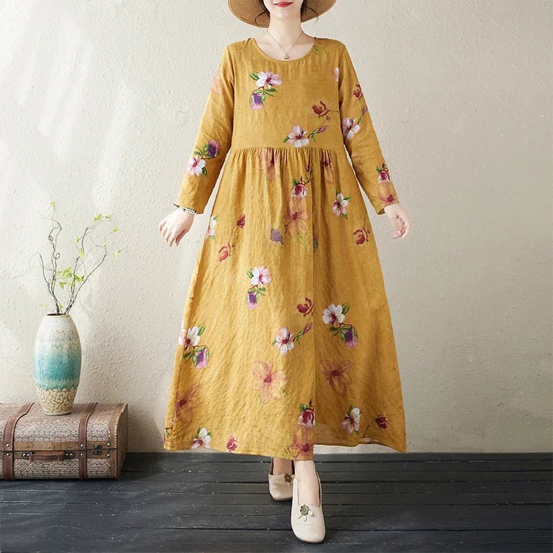 SaneShoppe-Boho Floral Print Maxi Dress for Women, Plus Size, Cotton Linen Loose Fit