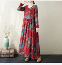 SaneShoppe-Boho Floral Print Maxi Dress for Women, Plus Size, Cotton Linen Loose Fit