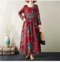 SaneShoppe-Boho Floral Print Maxi Dress for Women, Plus Size, Cotton Linen Loose Fit