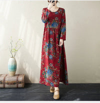 SaneShoppe-Boho Floral Print Maxi Dress for Women, Plus Size, Cotton Linen Loose Fit