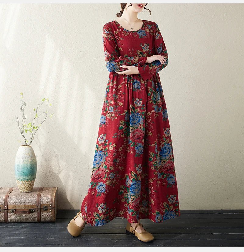 SaneShoppe-Boho Floral Print Maxi Dress for Women, Plus Size, Cotton Linen Loose Fit