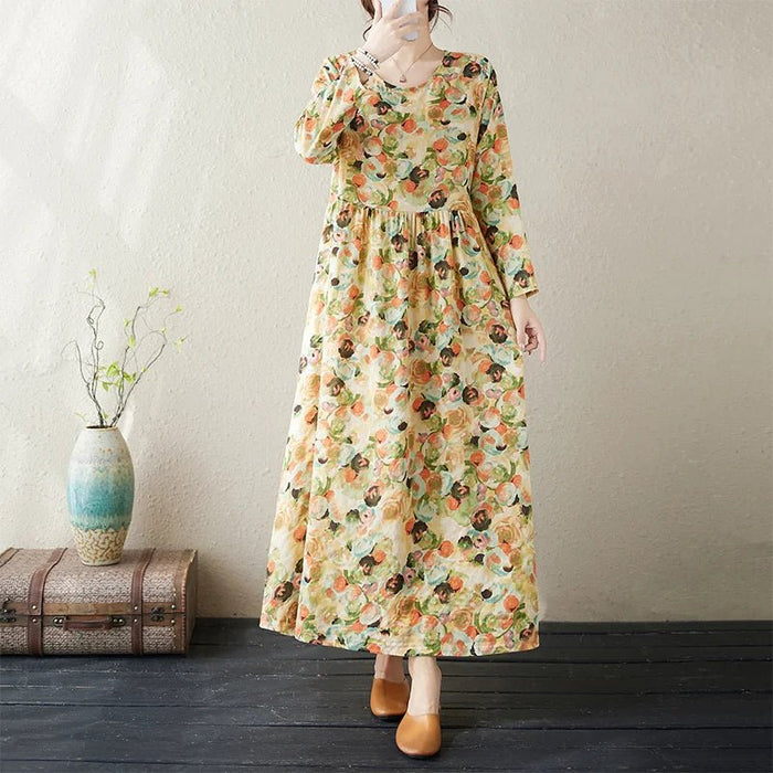 SaneShoppe-Boho Floral Print Maxi Dress for Women, Plus Size, Cotton Linen Loose Fit