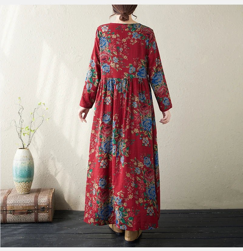 SaneShoppe-Boho Floral Print Maxi Dress for Women, Plus Size, Cotton Linen Loose Fit