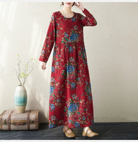 SaneShoppe-Boho Floral Print Maxi Dress for Women, Plus Size, Cotton Linen Loose Fit