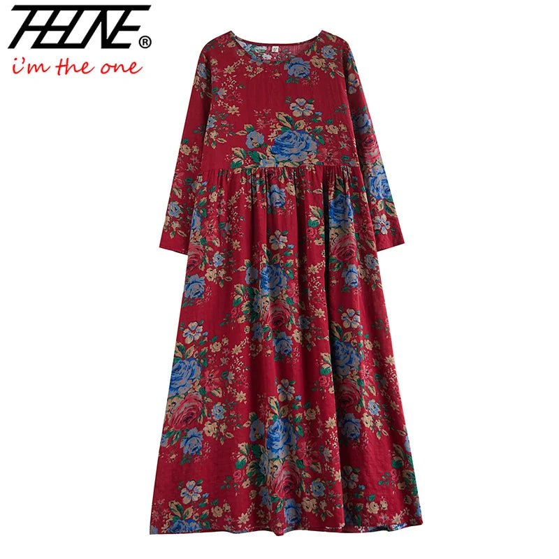 SaneShoppe-Boho Floral Print Maxi Dress for Women, Plus Size, Cotton Linen Loose Fit