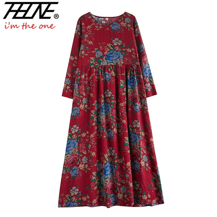 SaneShoppe-Boho Floral Print Maxi Dress for Women, Plus Size, Cotton Linen Loose Fit