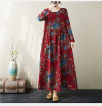 SaneShoppe-Boho Floral Print Maxi Dress for Women, Plus Size, Cotton Linen Loose Fit