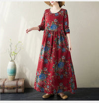 SaneShoppe-Boho Floral Print Maxi Dress for Women, Plus Size, Cotton Linen Loose Fit