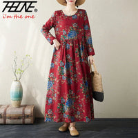 SaneShoppe-Boho Floral Print Maxi Dress for Women, Plus Size, Cotton Linen Loose Fit
