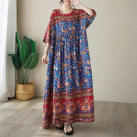 SaneShoppe-Silk Print Bohemian Long Dress for Plus Size Women - Floral Elegance