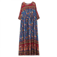SaneShoppe-Silk Print Bohemian Long Dress for Plus Size Women - Floral Elegance