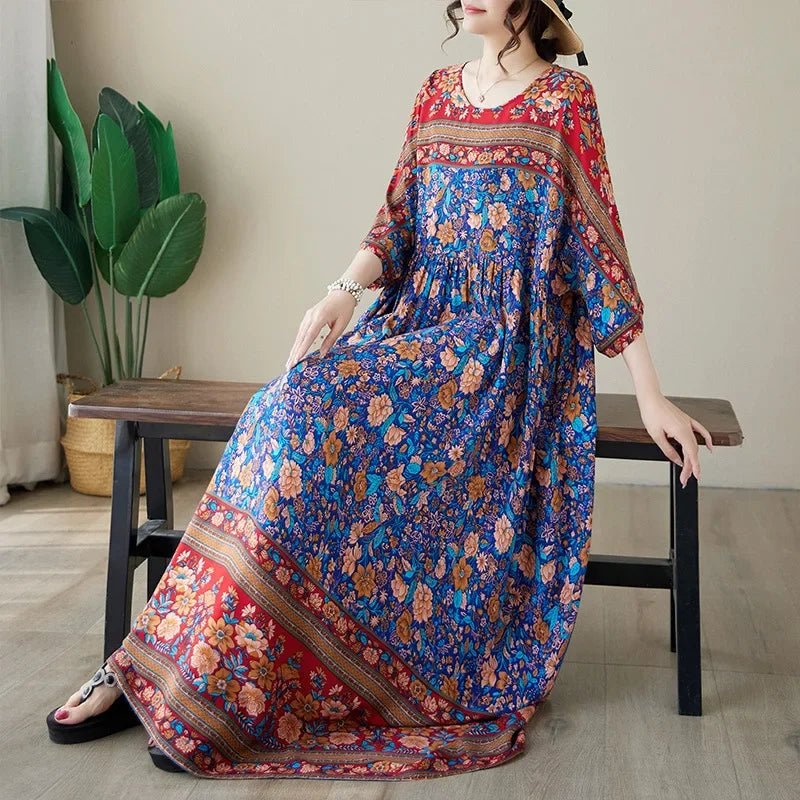 SaneShoppe-Silk Print Bohemian Long Dress for Plus Size Women - Floral Elegance