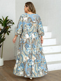 SaneShoppe - Plus Size Women's Blue - Brown Ethnic Paisley Print V - Neck Half Sleeve Tie Waist Dress