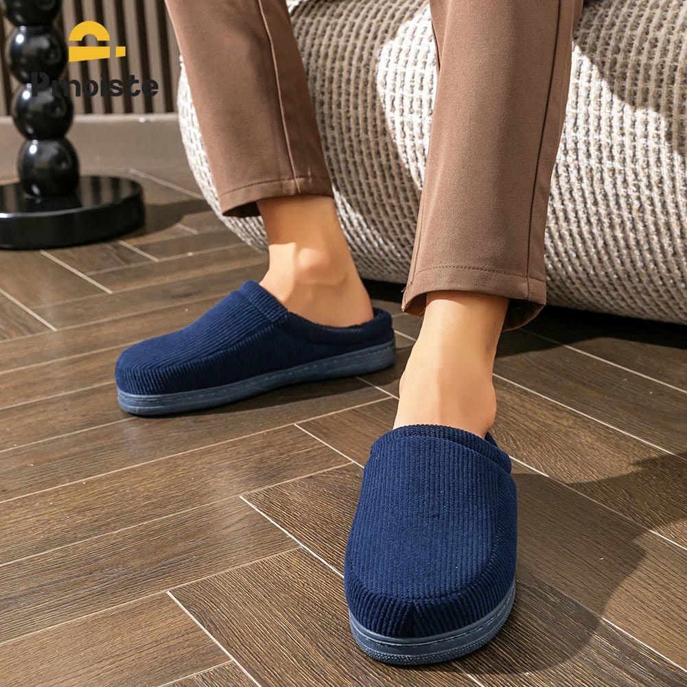 SaneShoppe - Pmoiste Stripe Corduroy House Shoes Men Warm Soft TPR Cushion Memory Foam Home Slippers Slip On Winter Indoor High - quality