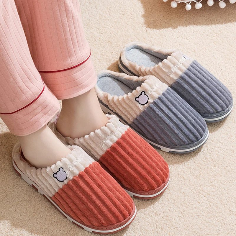 SaneShoppe-Soft Cotton Slippers for Women and Men - Warm Non-slip Plush Home Shoes - Winter Couple Footwear