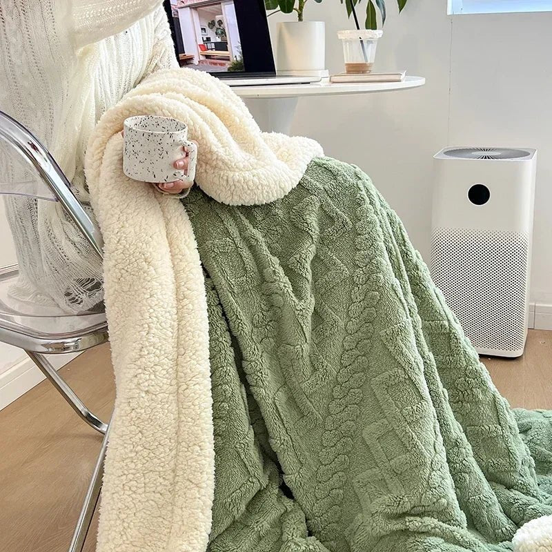 SaneShoppe-Cozy Wool Blanket for Bed and Couch, Plush Lamb Velvet Throw for Office, Home, and Travel