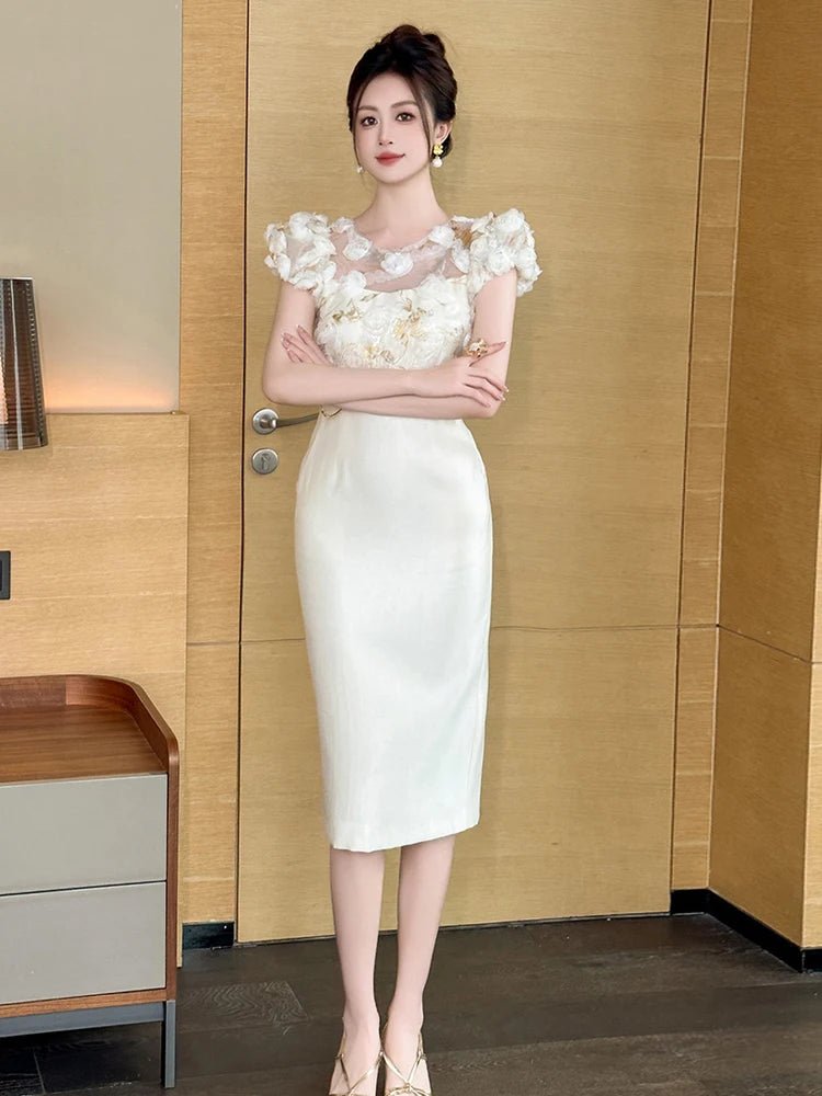 SaneShoppe - Summer Elegant Luxury Gown Evening Dress Women Clothes Sweet Floral Sheer Sexy Puff Sleeve Midi Party Birthday Vestidos Fiesta