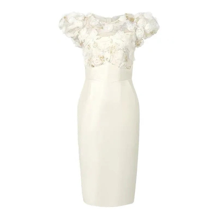 SaneShoppe - Summer Elegant Luxury Gown Evening Dress Women Clothes Sweet Floral Sheer Sexy Puff Sleeve Midi Party Birthday Vestidos Fiesta