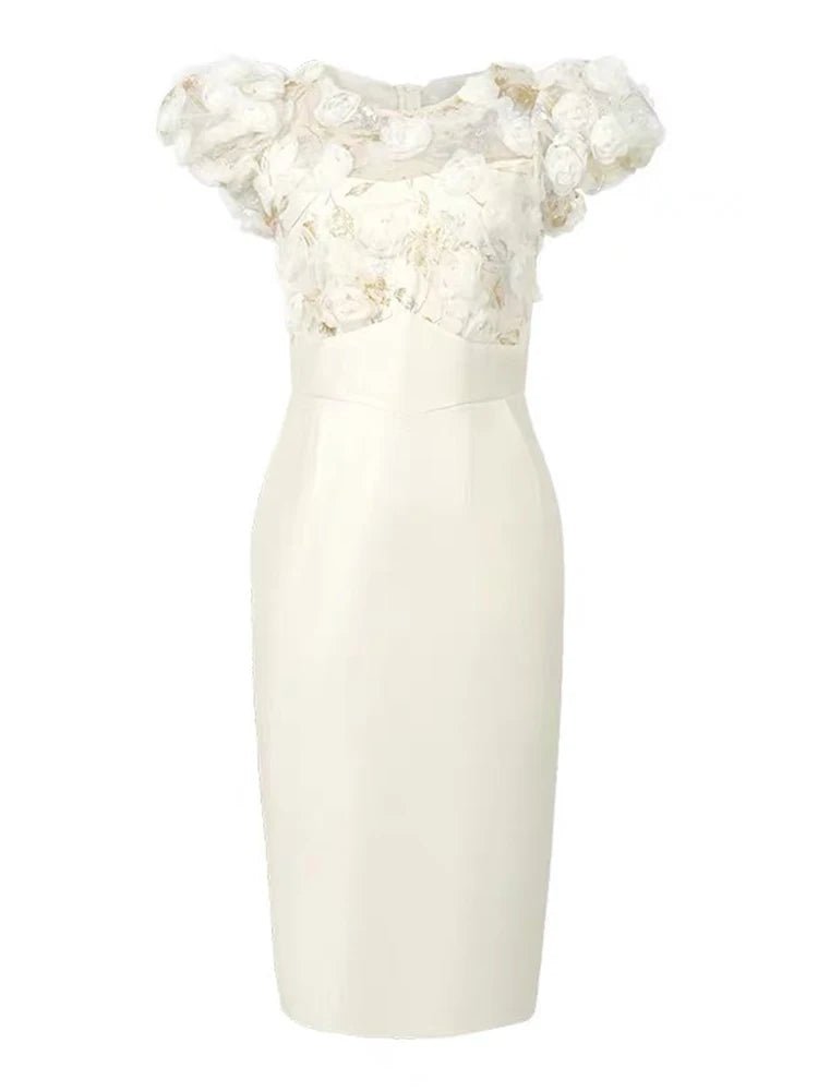 SaneShoppe - Summer Elegant Luxury Gown Evening Dress Women Clothes Sweet Floral Sheer Sexy Puff Sleeve Midi Party Birthday Vestidos Fiesta