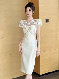 SaneShoppe - Summer Elegant Luxury Gown Evening Dress Women Clothes Sweet Floral Sheer Sexy Puff Sleeve Midi Party Birthday Vestidos Fiesta