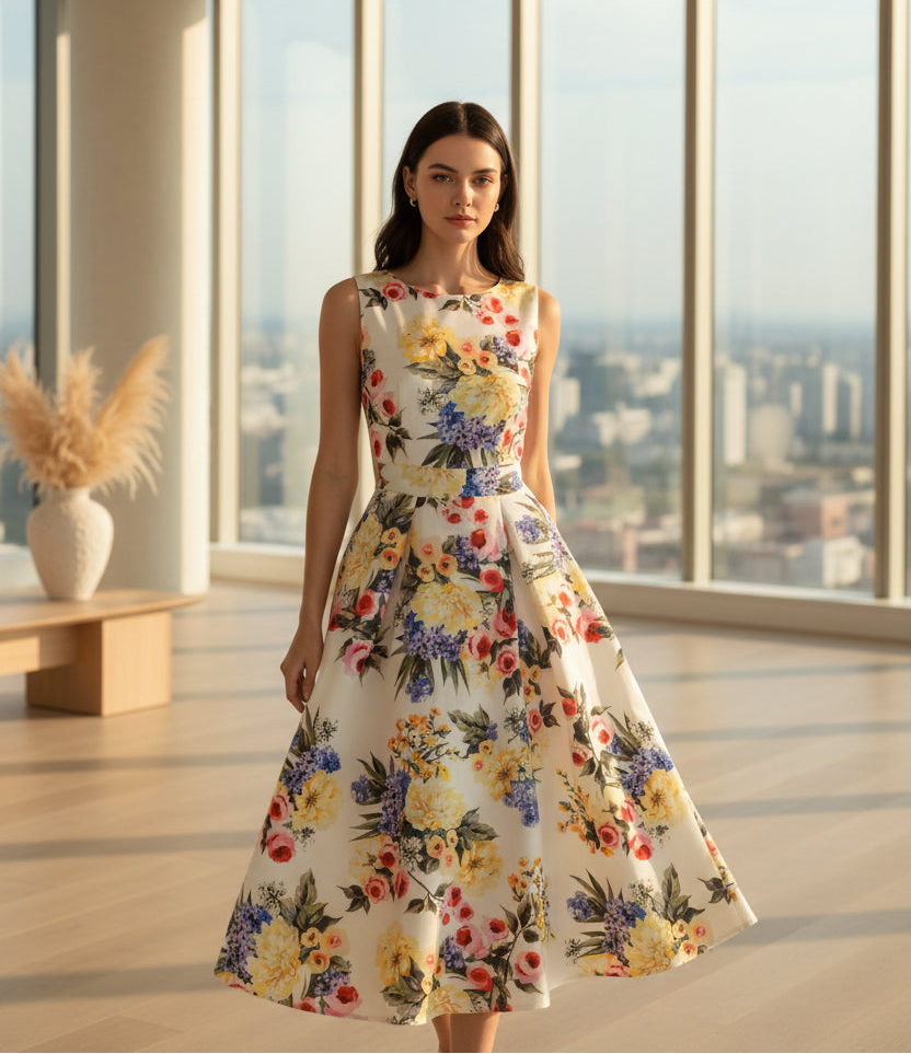 SaneShoppe - Summer Elegant Women's Banquet Evening Dress Slim Fit Style A - line Sleeveless Women's Flower Print Plus Size Dress
