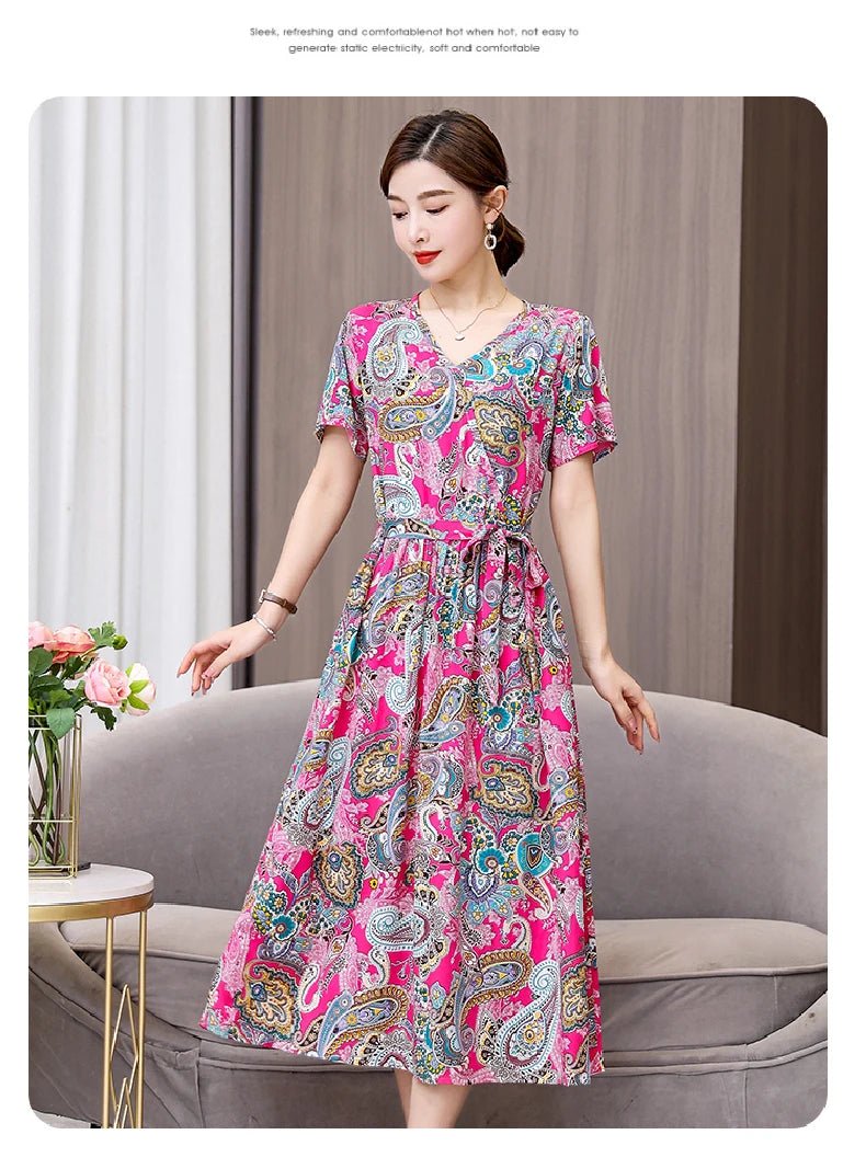 SaneShoppe-Vintage V-Neck Summer Dresses for Women - Casual Short Sleeve Sundresses