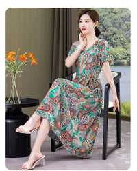 SaneShoppe-Vintage V-Neck Summer Dresses for Women - Casual Short Sleeve Sundresses
