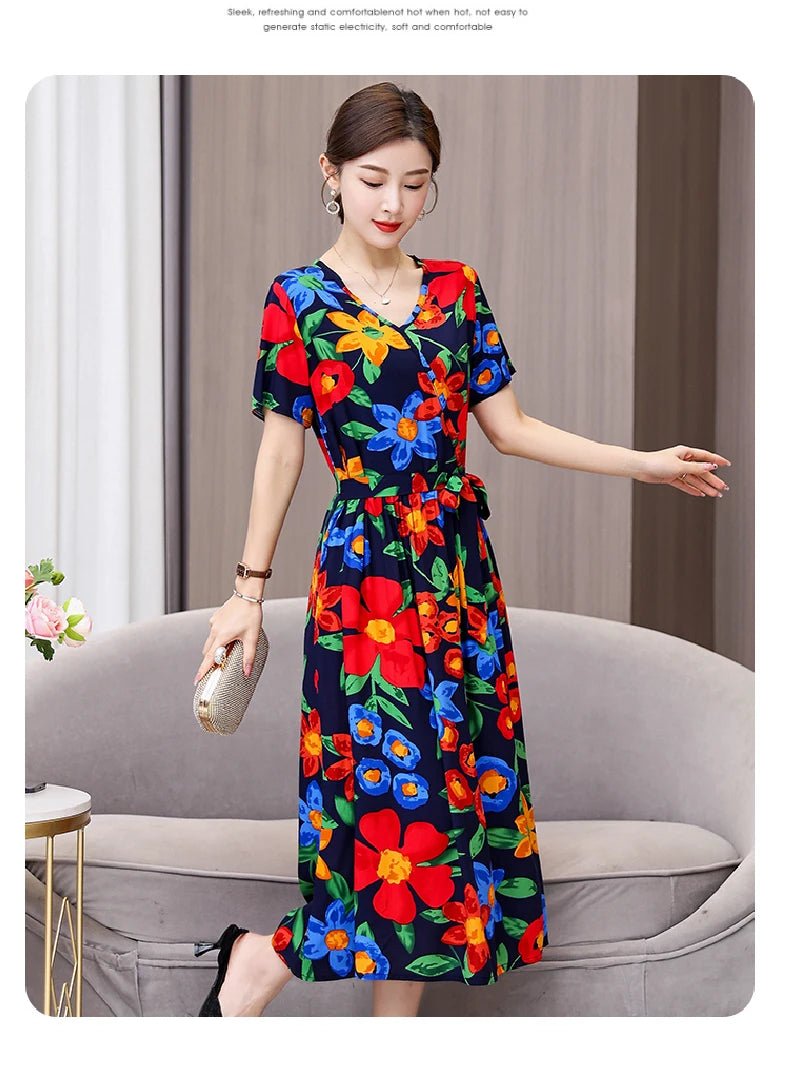 SaneShoppe-Vintage V-Neck Summer Dresses for Women - Casual Short Sleeve Sundresses
