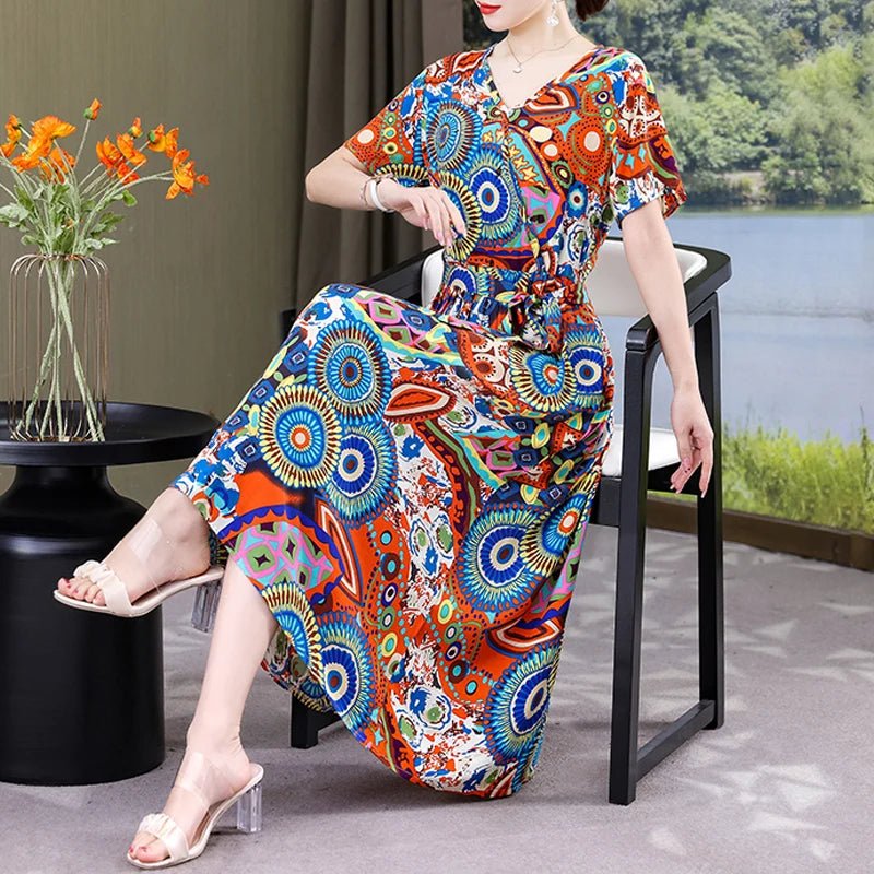 SaneShoppe-Vintage V-Neck Summer Dresses for Women - Casual Short Sleeve Sundresses