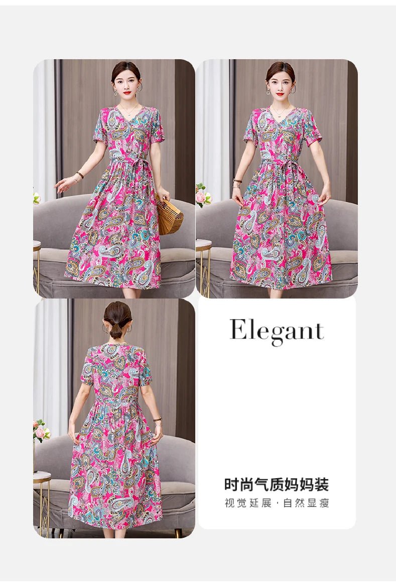 SaneShoppe-Vintage V-Neck Summer Dresses for Women - Casual Short Sleeve Sundresses