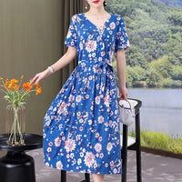 SaneShoppe-Vintage V-Neck Summer Dresses for Women - Casual Short Sleeve Sundresses