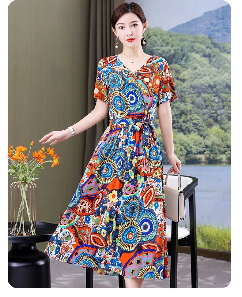 SaneShoppe-Vintage V-Neck Summer Dresses for Women - Casual Short Sleeve Sundresses